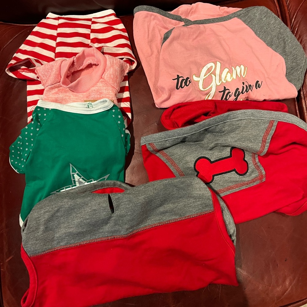 “6” Dog Sweat Shirts - 3 small; 1 med. pink and two hooded, 1 med. & 1 large
